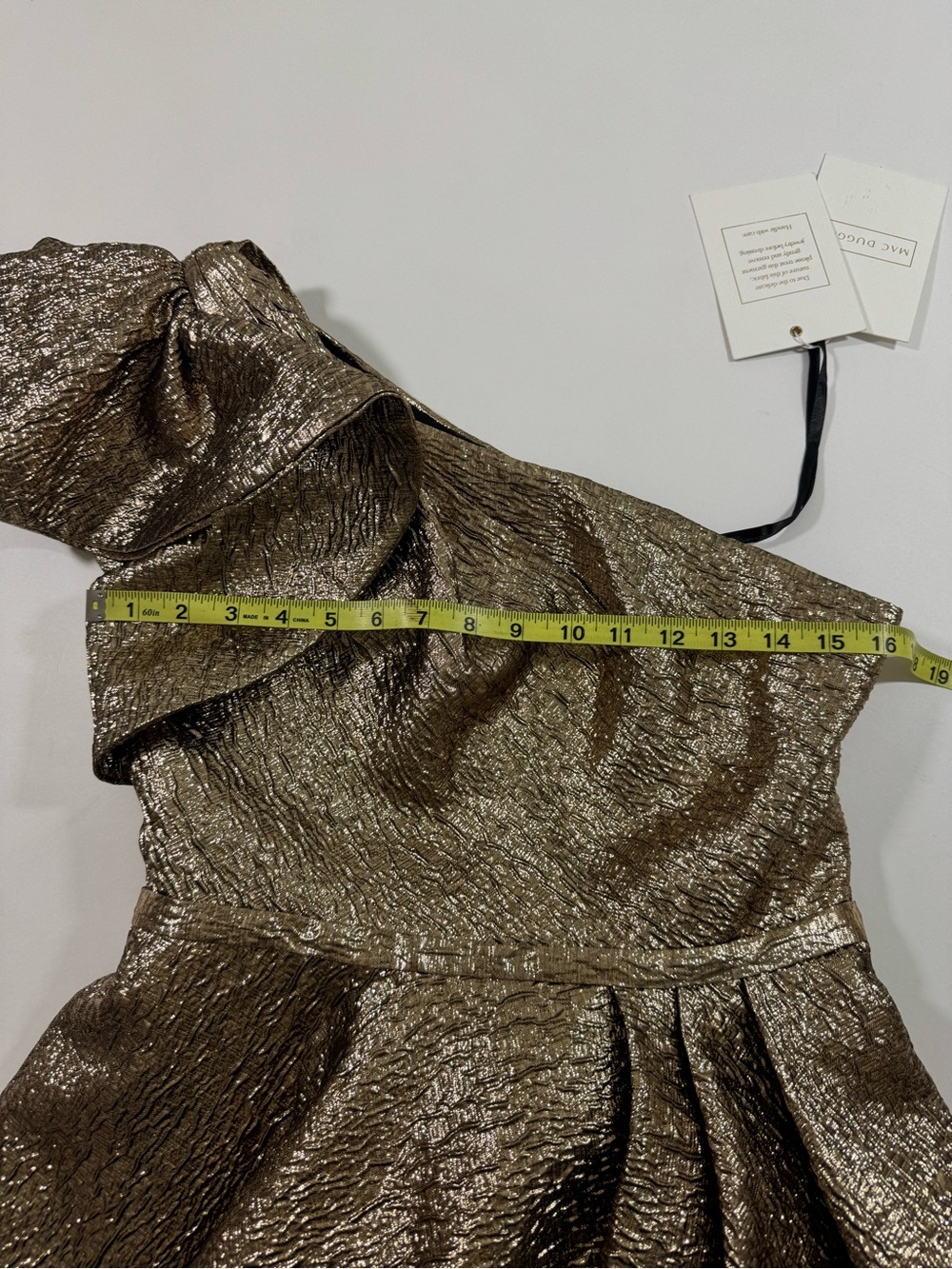 New Mac Duggal Gold One Shoulder Bow Midi Dress With Pockets - Picture 10 of 11